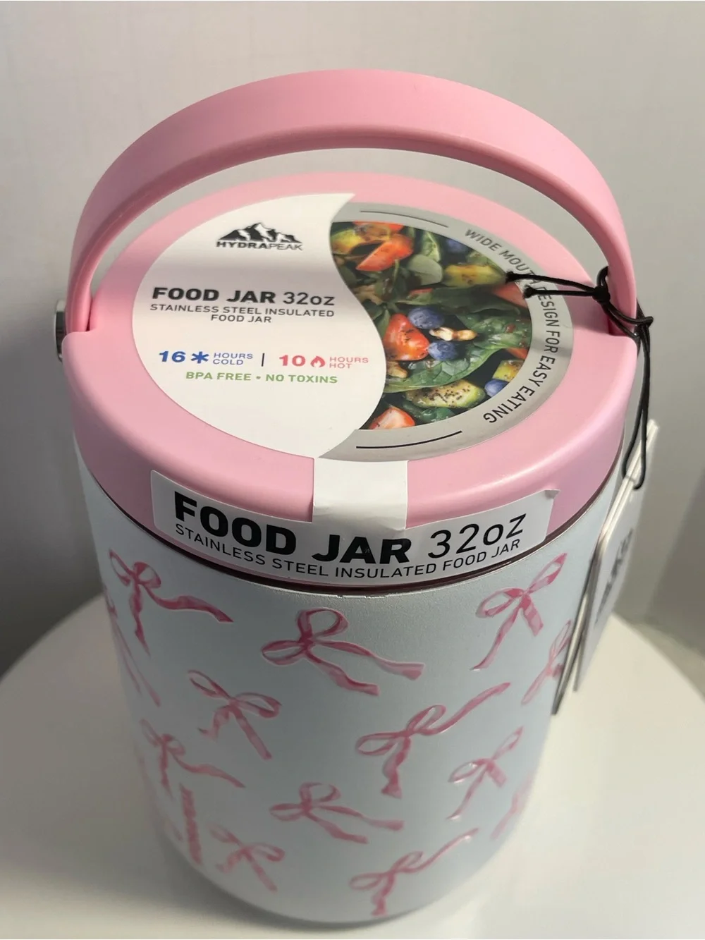 Hydrapeak Stainless Steel Insulated Food Jar White w/Pink Bows 32oz - NWT **
